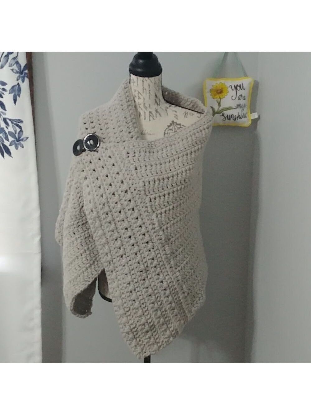 Handmade Crocheted Heavyweight Left Handed Light Grey Shawl/Poncho